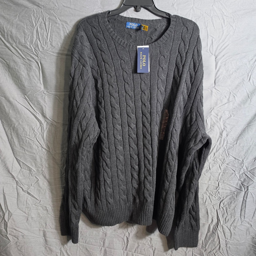 Polo Ralph Lauren Mens XXLT Charcoal Grey Cable Knit Cotton Crewneck Sweater NWT